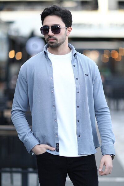 JB John Borners Men's Snap Closure Textured Knitted Shirt Blue - 16788