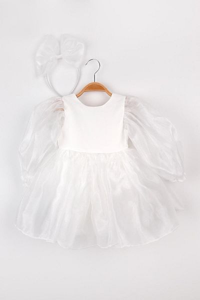 Le Mabelle Λευκό μακρυμάνικο Organza Girl's Party Dress - Sage