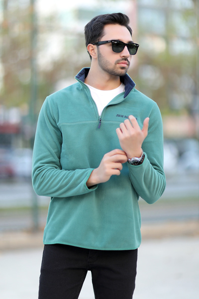 JB John Borners Ανδρικό ψηλός λαιμός Fleece ανοιχτό πράσινο με κέντημα με μισό φερμουάρ, λεπτομερής εφαρμογή - 6001