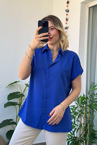 Mivida Short Sleeve Epaulet Detail Cobalt Blue Short Sleeve Shirt