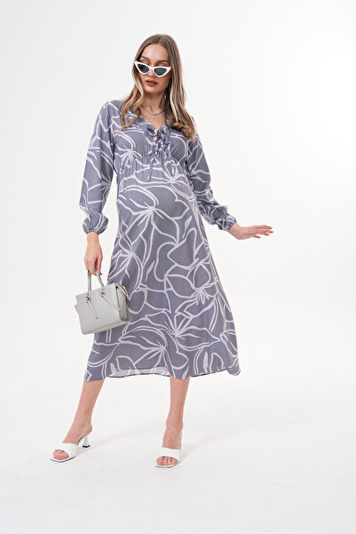 Miss Dünya Lissa Pregnant and Maternity V-Neck Long Sleeve Woven Fabric Dress