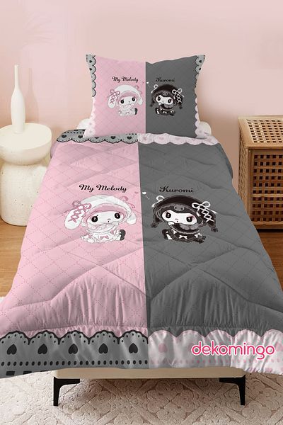 dekomingo Pink Gray Striped Kuromi and Melody Quilt Set