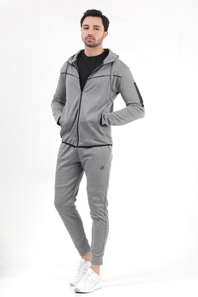 JB John Borners Men's Smoked Hooded Zippered Pocket Slim Fit Cotton Tracksuit Set - 2202