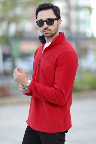JB John Borners Men's Stand Collar Fleece Red Half Zipper Embroidery Detailed Regularfit - 6001