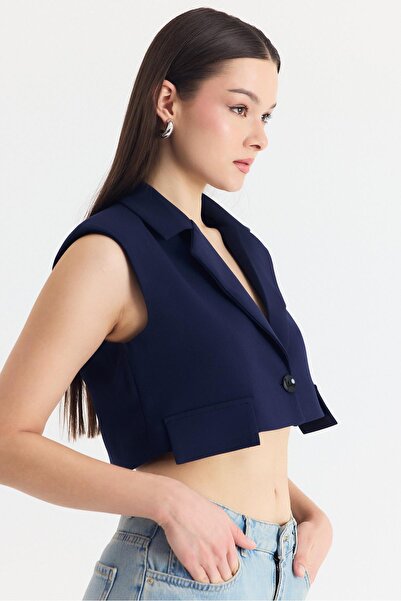 Rays Laci Crop Padded Single Button Pocket Detail Vest 6929