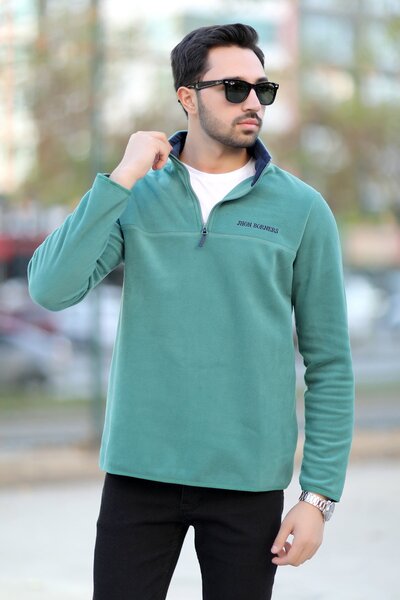 JB John Borners Ανδρικό ψηλός λαιμός Fleece ανοιχτό πράσινο με κέντημα με μισό φερμουάρ, λεπτομερής εφαρμογή - 6001