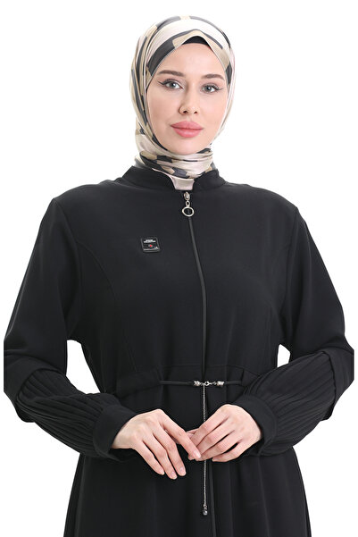 sefamerve Large Size Sleeve Pleated Lace up Ferace 6194-02 Black