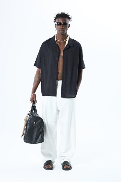 VAMOSCLO قميص كتان كبير الحجم مع تفاصيل مطرزة باللون الأسود