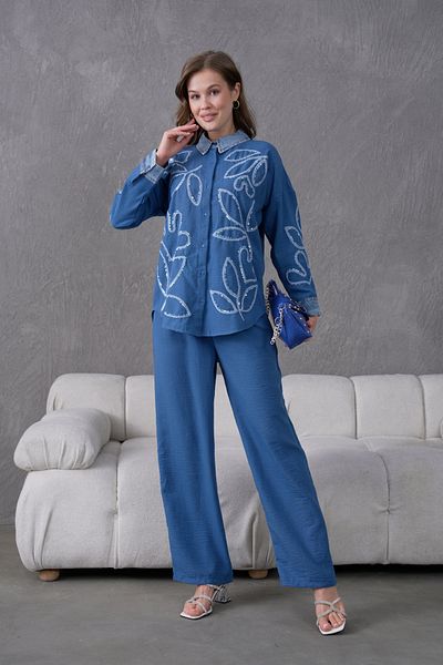 Miss Allos Women's Front Embroidered Collar and Cuff Denim Detailed Linen Shirt and Pants Bottom Top Set