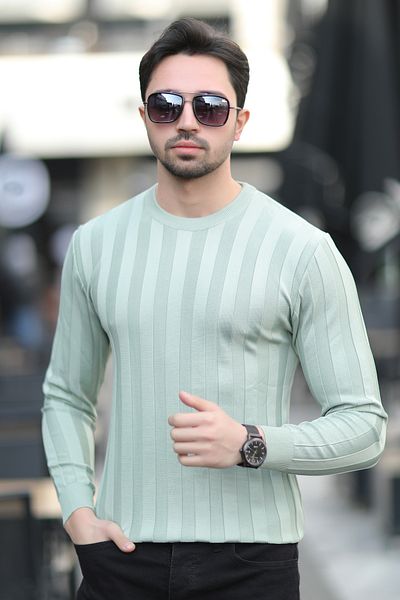 JB John Borners Men's Crew Neck Corded 100% Micro Flament Knitwear Light Green - 1006