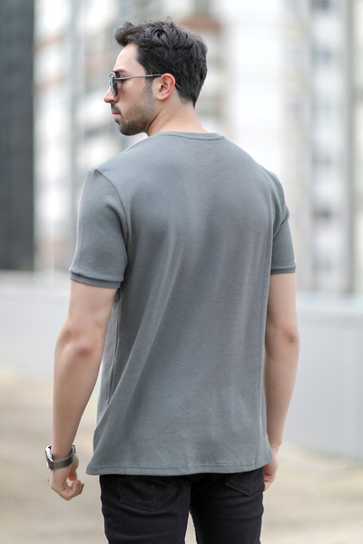 JB John Borners Ανδρικό μπλουζάκι με υφασμάτινο λαιμόκοψη βάφλα με υφή ανοιχτόχρωμο - 2709