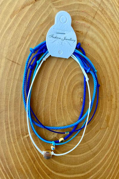 Shepidi 5'Li Mussels and Evil Eye Beads Blue Tones Scroll Lock Weave Anklet
