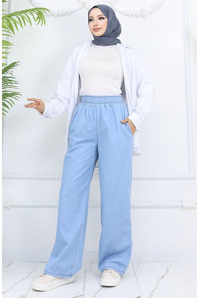 sefamerve Pantaloni din denim cu talie elastică 7568-04 Sky Blue