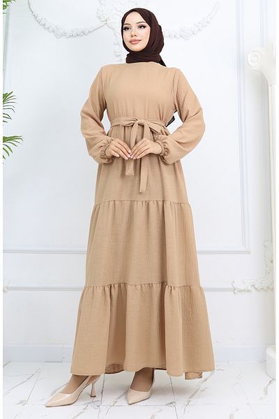 sefamerve Φόρεμα Sofia Linen Sleeve Elastic Belted 2023-08 Milk Coffee