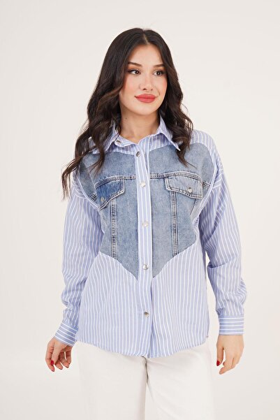 Hipo Trend Cămașă cu dungi Cămașă albastră cu detaliu inimă din denim