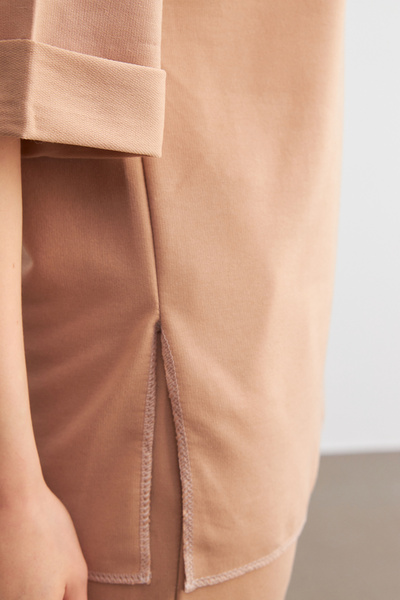 MODAGEN Women's Camel Crew Neck Double Sleeve and Leg Bottom Top Set