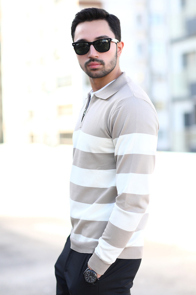 JB John Borners Ανδρικό πλεκτό πουλόβερ με γιακά πόλο βιζόν με μισό φερμουάρ ριγέ 100% Micro Flament - 1069