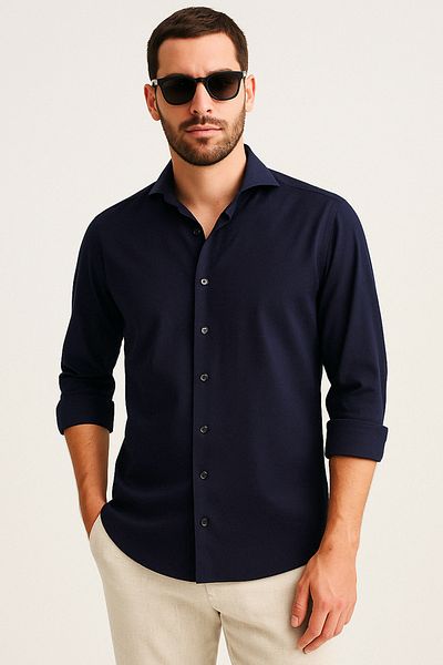 D'S Damat Italský límec Slim Fit v námořnické modré - Slim Fit Kravata s dlouhým rukávem se snadno žehlí