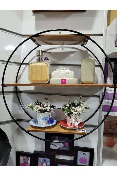 esdekor Wood Metal Round Three Section Wall Shelf Coffee 45X45X13Cm