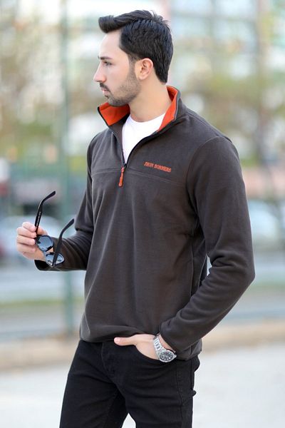 JB John Borners Men's Stand Collar Fleece Anthracite Half Zipper Embroidery Detailed Regularfit - 6001