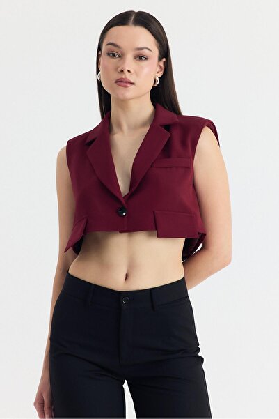 Rays Claret Red Crop Padded Single Button Pocket Detail Vest 6929