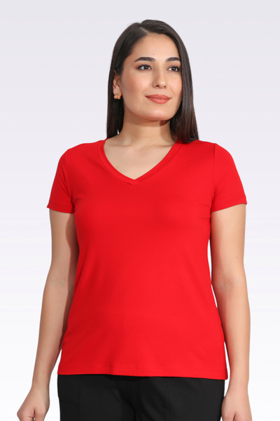 TOLGA SARAÇOĞLU 10978 TRICOU ROȘU CU MÂNECĂ SCURTĂ CU GÂTUL în V
