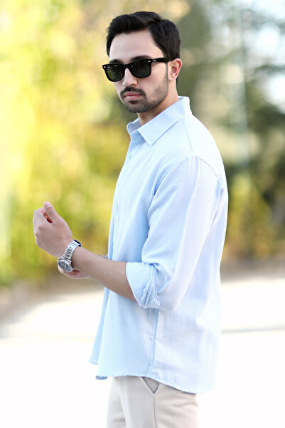 JB John Borners Чоловіча сорочка з бавовняної суміші без кишень, муслінова, світло-блакитна - 16701