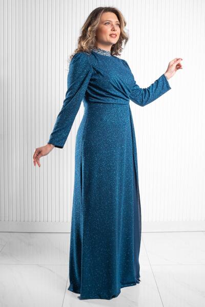 Modaviki Λεπτομέρειες Βραδινό φόρεμα με στάμπα με ασημί πέτρα petrol MDA2523