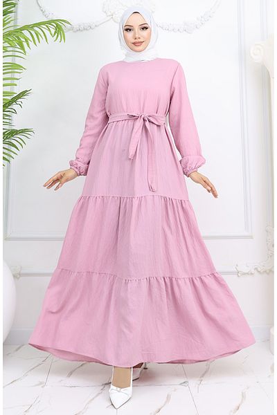 sefamerve Φόρεμα Sofia Linen Sleeve Elastic Belted 2023-02 Πούδρα