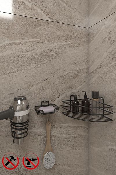 Alper Banyo BLACK 3-PIECE SET EK01 Lifetime Adhesive Bathroom Shelf - Soap Dish with Adhesive Hooks and Square Blow Dry SET