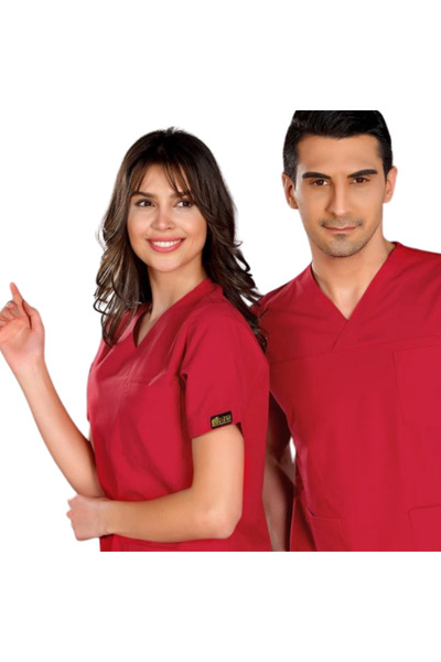 ÇİZGİ MEDİKAL KIRMIZI V Yaka Scrubs (Terikoton/İnce Kumaş) t200