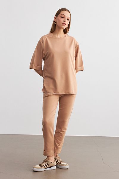 MODAGEN Women's Camel Crew Neck Double Sleeve and Leg Bottom Top Set