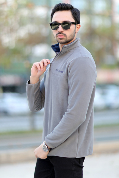 JB John Borners Erkek Dik Yaka Polar Gri Yarım Fermuar Nakış Detaylı Regularfit - 6001