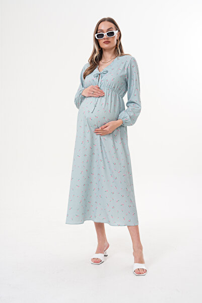 Miss Dünya Lissa Pregnant and Maternity V-Neck Long Sleeve Woven Fabric Dress