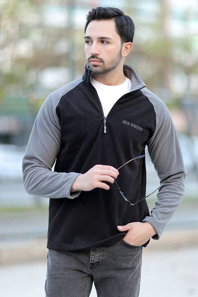 JB John Borners Men's Stand Collar Fleece Black Gray Garnished Half Zipper Embroidered - 6055