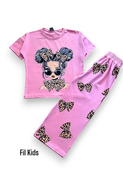 Fil Kids Κορίτσια 100% βαμβακερό ροζ υπέροχο κορίτσι και λεοπάρ φιόγκο με κοντό μανίκι φαρδύ πόδι εποχιακή αθλητική φόρμα