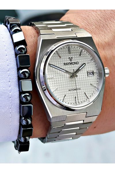 Raymond Silver Color Automatic Steel Case Band Business Men's Wrist Watch + Bracelet