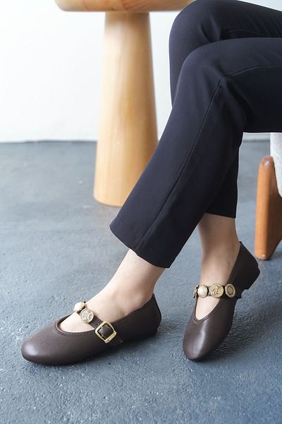 MODAADAM Γυναικεία Venily Sequin Flat Ballerina Καφέ-Δερμάτινα Παπούτσια