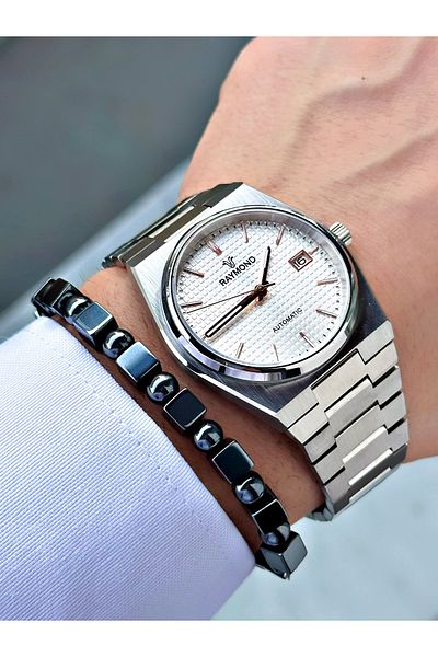 Raymond Silver Color Automatic Steel Case Band Business Men's Wrist Watch + Bracelet