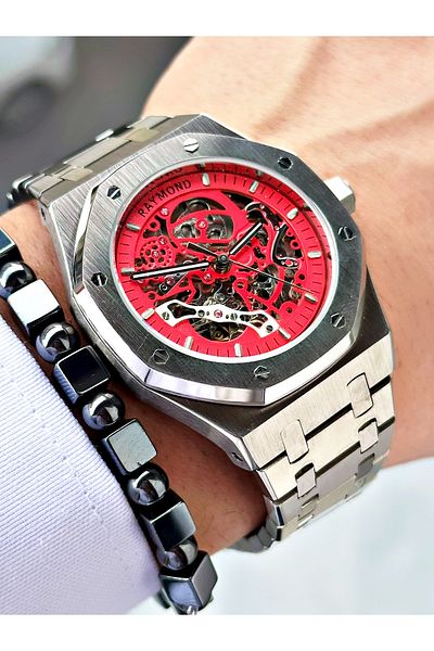 Raymond Silver Color Steel Cord Automatic Business Case Cord Steel Men Wristwatch + Bracelet