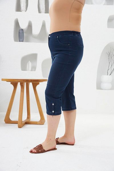 RMG Plus Size Blue Capri - Leg Button Detail and Elastic Waist