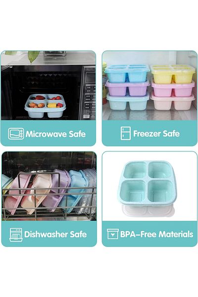 COOYA 3 Pack Snack Containers, Reusable, 4 Divided Compartments Bento, for Snacks, Fruits, Nuts