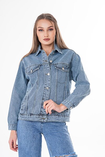 soi fashion Çift Cepli Düğme Kapamalı Kot Ceket