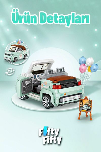 Vagonlife Turquoise Convertible Car Toy Shaped 779 Piece Model Set Fflz-1132