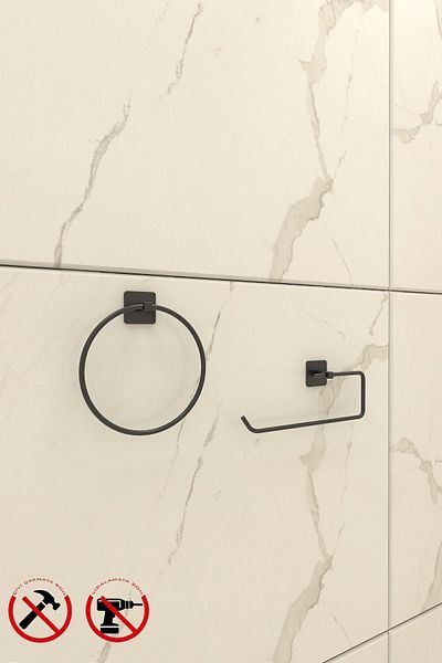 Alper Banyo Αυτοκόλλητο τετράγωνο σετ αξεσουάρ μπάνιου 2 τεμαχίων – Δαχτυλίδι για πετσέτες και κρεμάστρα Solo |   Δεν απαιτείται διάτρηση