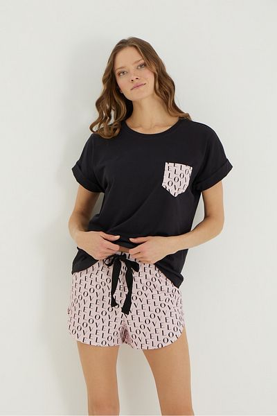 İPEKTENİM Love Text Patterned Pocket Detailed Shorts Pajama Set