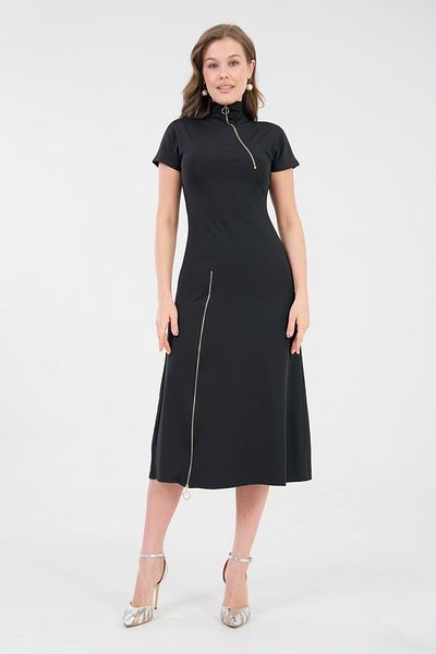 lovebox Women's Zippered Design Detail Short Sleeve High Collar Black Midi Evening Dress 2175
