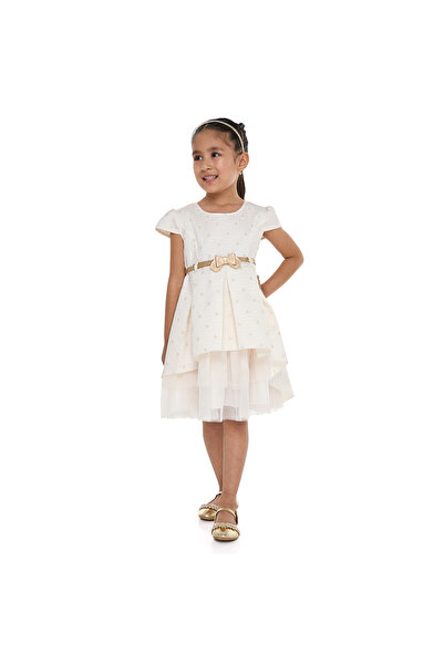 Victor and Jane فستان حفلات أنيق من الجاكار بلون الشمبانيا مع شبكة وزخرفة