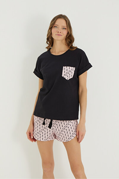 İPEKTENİM Love Text Patterned Pocket Detailed Shorts Pajama Set