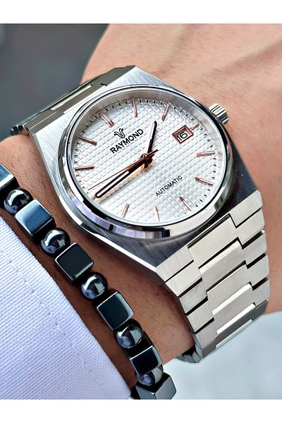 Raymond Silver Color Automatic Steel Case Band Business Men's Wrist Watch + Bracelet